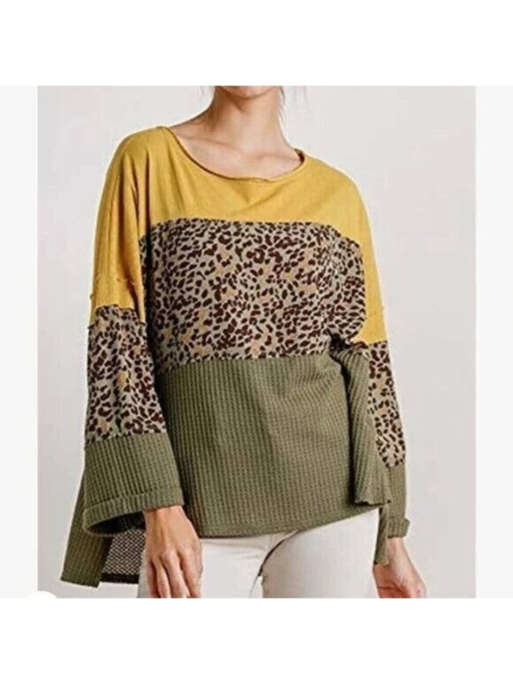 Umgee Color Block Waffle Knit Top Mixed Media Boho Multicolor Size S